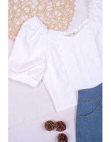 Square Neck Lace Trim Cuff Sleeve Top & Denim Short Pants Set (White + Medium Denim)